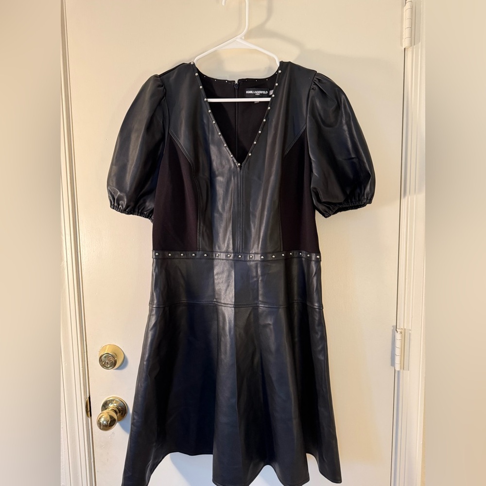 Karl Lagerfeld Black Faux Leather Midi Dress with Puff Sleeves - Picture 2 of 16